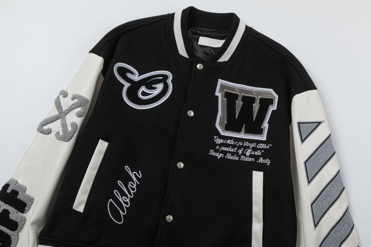 OFF WHITE Leather Wool Varsity Jacket – Black