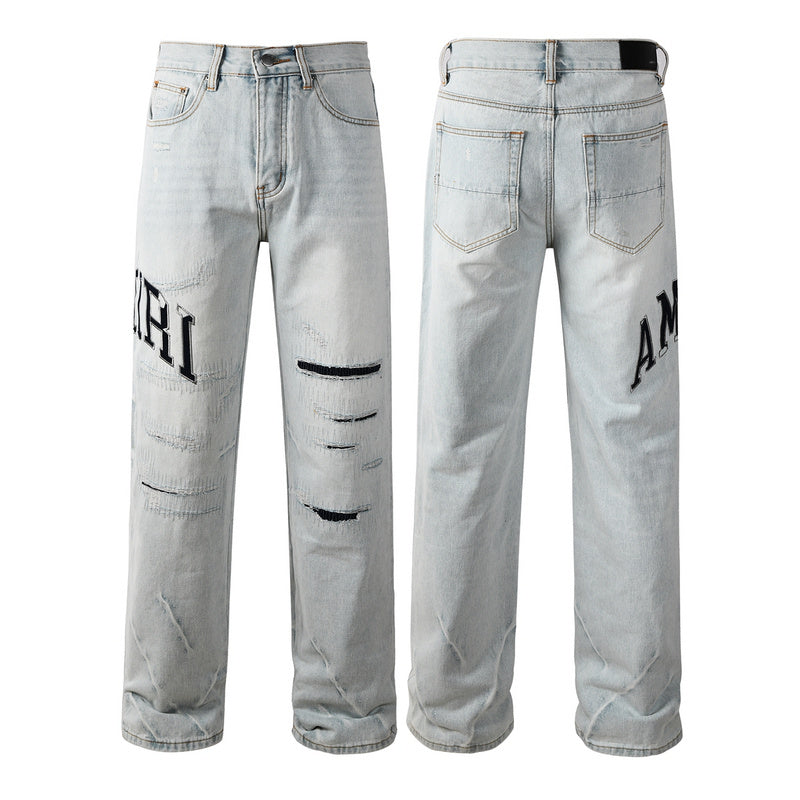 AMIRI Straight Leg Jeans – Light Blue Washed Distressed Denim