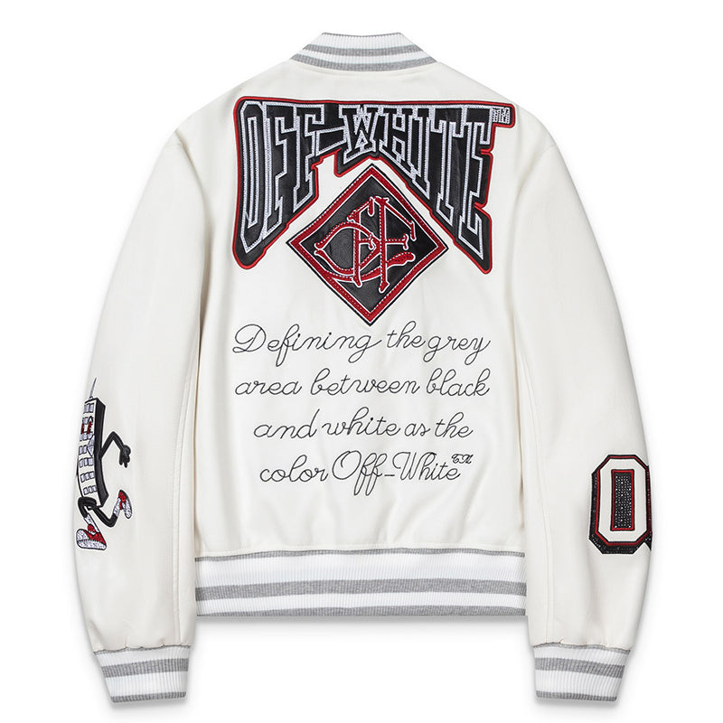 OFF WHITE Crystal Full Leather Varsity Jacket – White