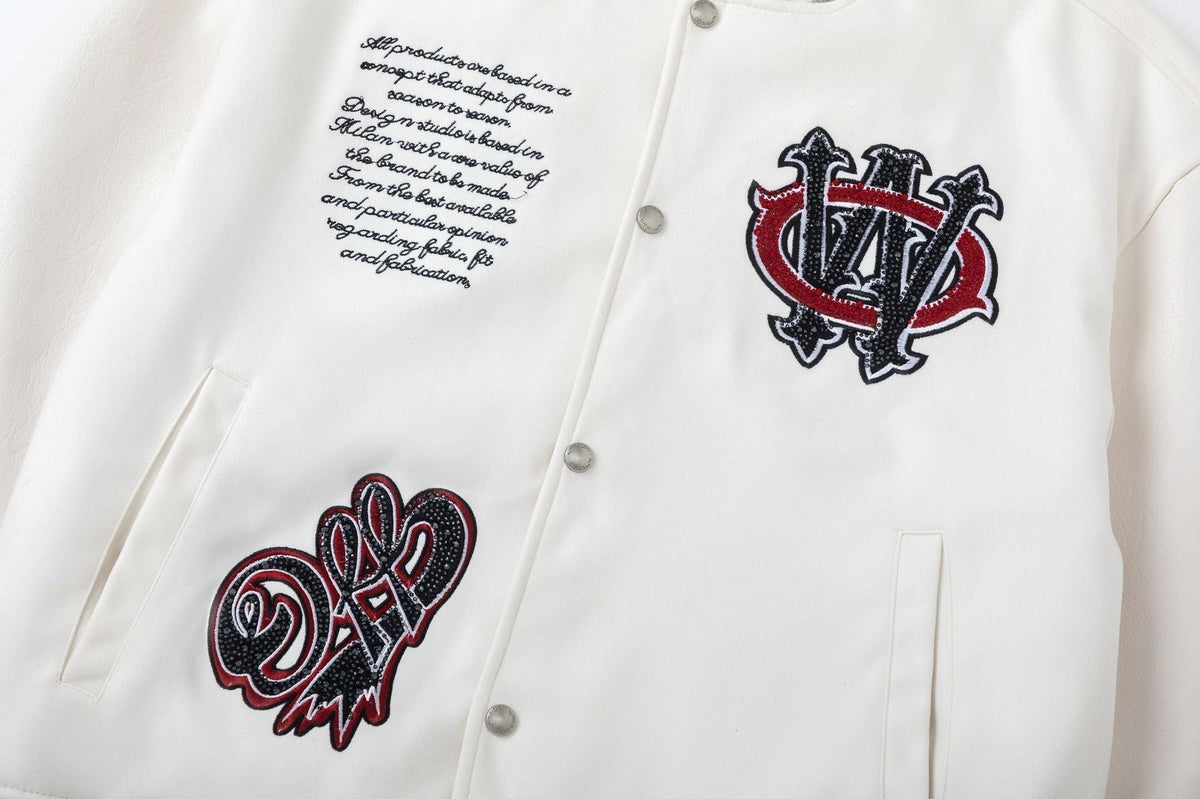 OFF WHITE Crystal Full Leather Varsity Jacket – White