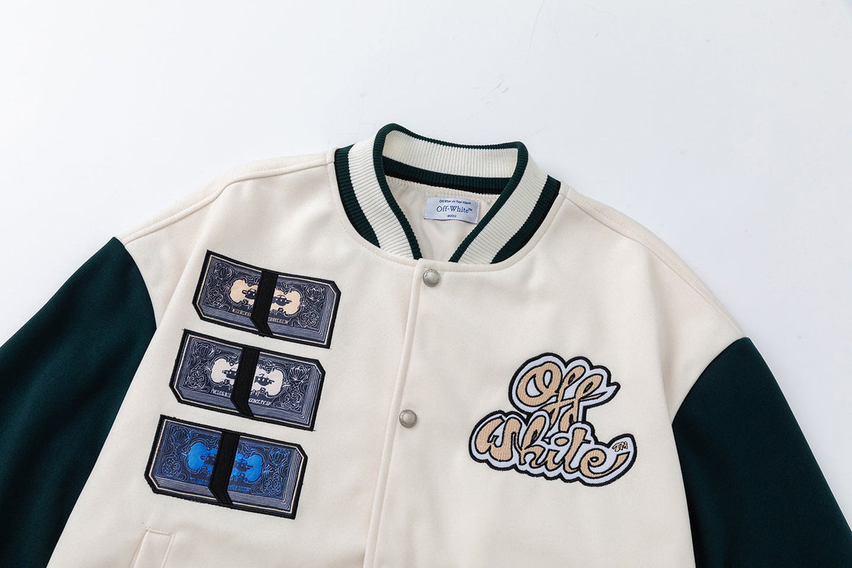 Off-White Men's Blue Cash Wool Varsity Jacket – Loose Hip Hop Streetwear (Beige)