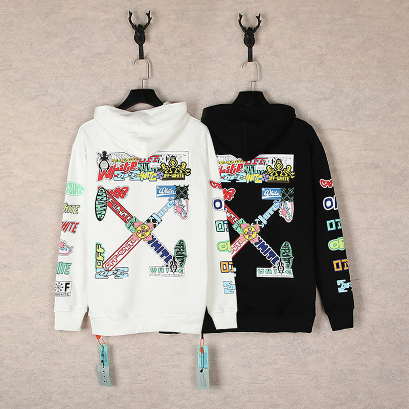 OFF WHITE Cartoon Pattern Arrow Hoodie – White & Black